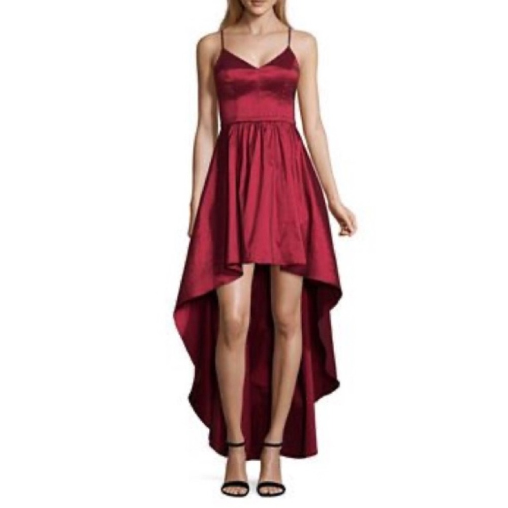 B. Smart Burgundy High-Low Satin Dress